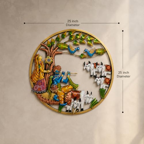 Image of iHandikart Krishna Radha Metal Wall Art for Living Room | Handmade Round Wall Sculpture with Peacock & Cow Design | Traditional Decorative Wall Hanging for Home, Bedroom, Hall & Office | 25 * 25 Inch