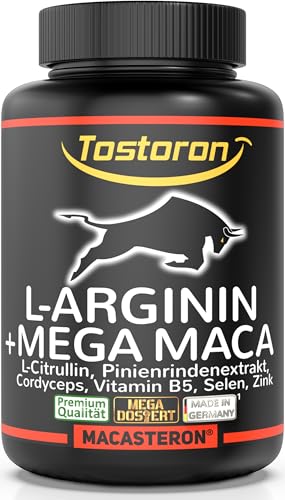L-Arginin + MEGA MACA 120 Kapseln hochdosiert + extra stark, L-Citrullin, Pinienrinde, Cordyceps, Selen, B5, ²MACA BOOST mit Zink trägt zum Erhalt eines normalen Testosteron Spiegels bei (1x98g)