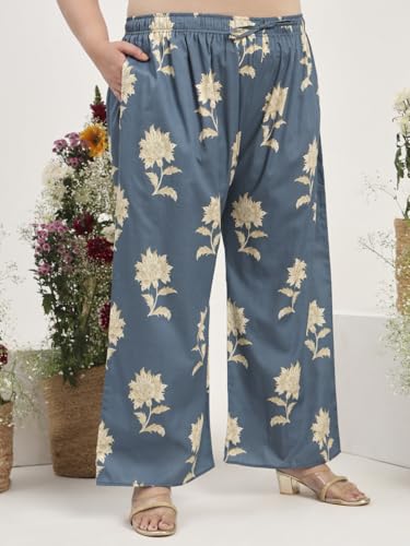 Image of Tissu Women's Plus Size Pure Cotton Grey Floral Tunic with Palazzo Co-ords