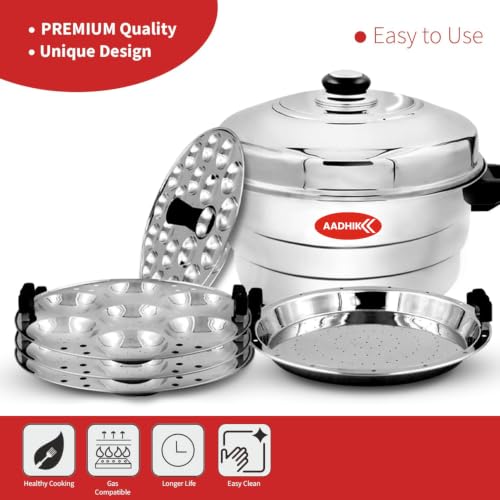 Image of AADHIK Stainless Steel Idli Maker 5 Plate Steamer | 21 Regular Idli & 18 Mini Idli Capacity | Multipurpose Idli Cooker, Idli Steamer, Dhokla Maker & Mini Idli Plate | Gas & Induction Compatible Kitchen Accessories