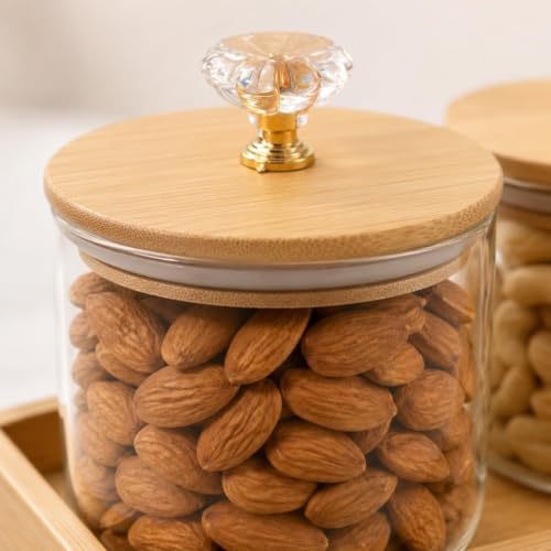 Image of Borosilicate Transparent Glass Storage Jar Set with Bamboo Tray, Set of 3 (500ml) Airtight Round Glass Containers with Bamboo Lids & Silicone Seal, Dry Fruit Storage Jars for Spice