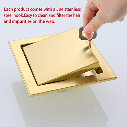 RANDOM 6-inch SUS304 Stainless Steel Square Shower Floor Drain with Tile Insert Grate Removable Multipurpose Invisible Look or Flat Cover,Brushed Stainless. (Brushed Gold)