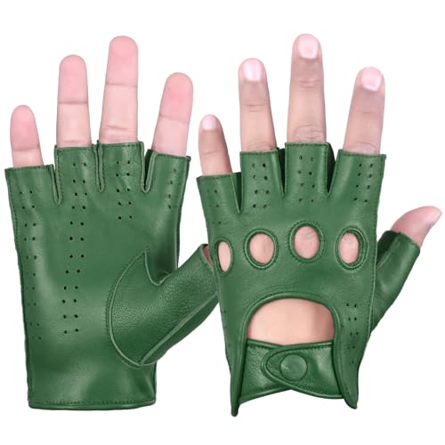 Gloves007 Driving Gloves Commando Green Half Finger Finger Less Knuckle Holes For Men Genuine Leather (Green, Small)