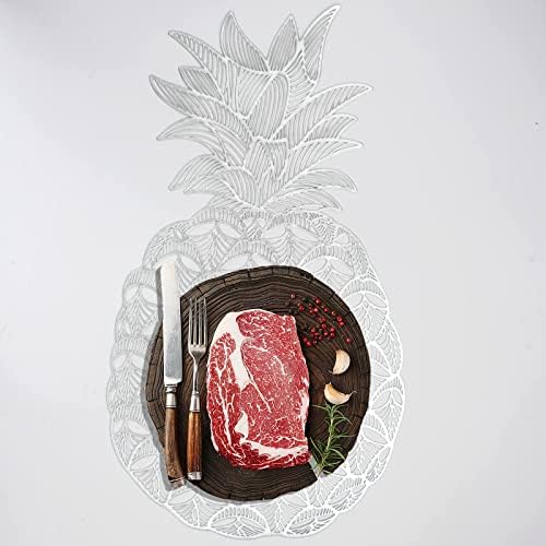 Maffily Silver Placemats Set of 6 Metallic Pressed Vinyl Pineapple Shaped Dining Table Mats Washable and Wipeable for Party Wedding Decoration