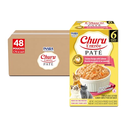 Image of INABA Churu Entree Pate for Cats, High Protein & Moisture, Prebiotic Wet Cat Food, 1.76oz. per Serving, 48 Pouches, Chicken with Salmon Recipe