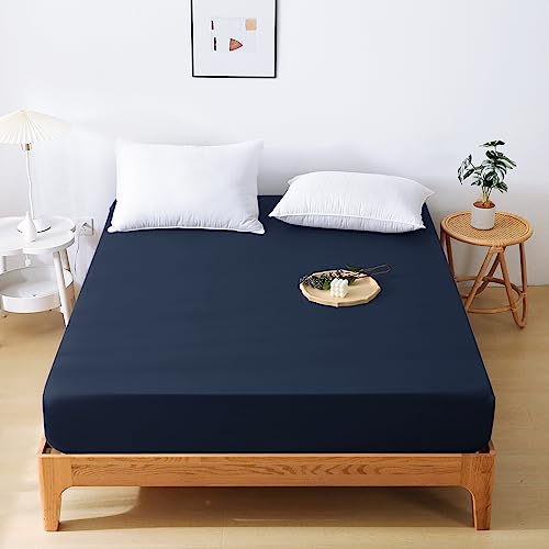HEVUMYI ボックスシーツ 吸水速乾シーツ 厚さ5~30cmのマットレスに適用 （シングル,100×200cm） ベッドシーツ 抗菌防臭マットレスカバー 洗えるベッドカバー 着脱簡単 敷き布団カバー 防ダニ 柔らかな触感 ネイビー