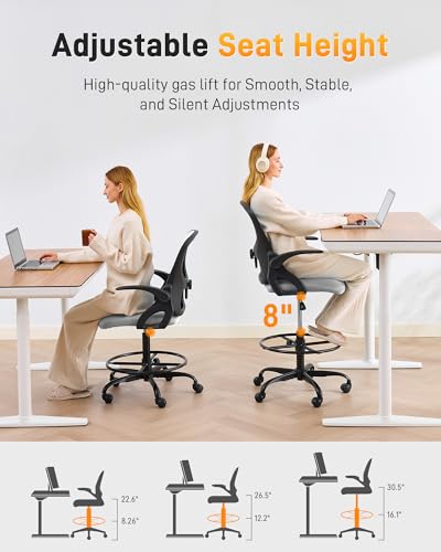 Image of LukkDys Drafting Chair with 4D Multi-Adjustable Backrest, Tall Office Chair 19.7 inch-27.6 inch Seat Height, Ergonomic Standing Desk Chair with Flip-up Arms, Foot Ring, Grey&Black