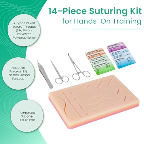 Image of Suture Practice Kit, 32 Pc Suturing Kit with Large Silicone Pad & Tools | 3 layer suture pad with precut wounds, stainless steel hemostat, forceps & scissors, training & education use only