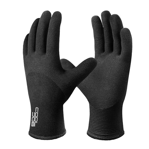 COOLJOB Winter Freezer Work Gloves for Men Women with Grip, Windproof Thermal Warm Fleece Lined, 3/4 Latex Coated for Heavy Duty, Construction, Warehouse, Black, 1 Pair, L