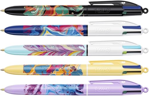Stylo à bille BIC 4 couleurs motif feuillage vert bleu écriture multicolore fournitures
