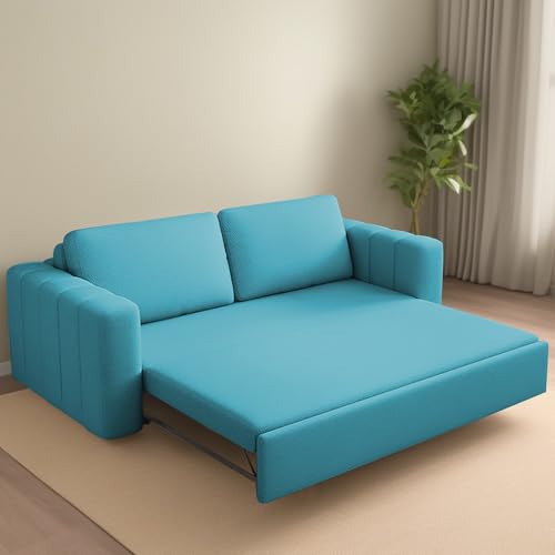 Image of Casaliving Roxy 3 Seater Sofa Cum Bed for Living Room (Turquise Fabric Colour) Premium Fabric Sofa Set-Blue Colour Sofa Cum Bed