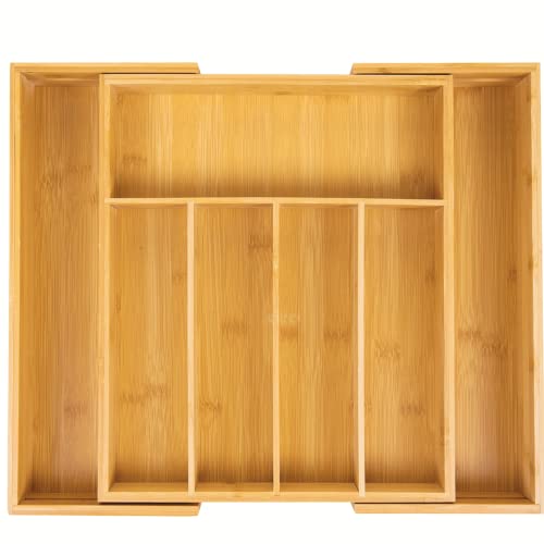 Klass Home Large Cutlery Drawer Organiser - 5-7 Compartment Bamboo Kitchen Tray, Expandable Utensil Rack 43cm x 35cm