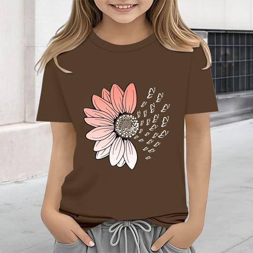 Girls Loose Fit Sunflower Graphic T Shirts Short Sleeve Crewneck Cute Pattern Printed Tops Kids (B-Coffee, 12-13 Years)4