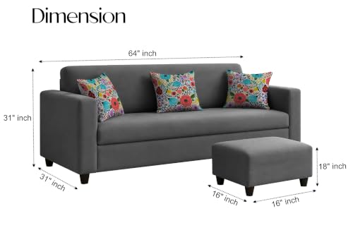 Image of Rosebell 3 Seater Sofa with Ottoman | Living Room Couch | with Printed Cushions | Sofa for Home, Apartment & Office-Grey Color