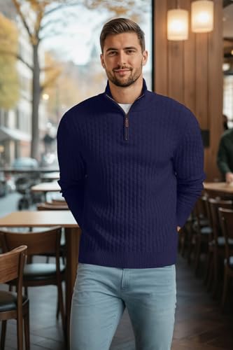 Askdeer Men's Quarter Zip Sweater Waffle Knit Sweater Mock Neck Polo Sweater Casual Pullover Sweater with Ribbing Edge3