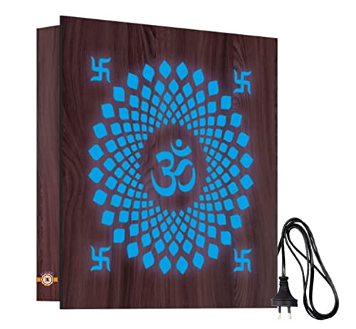Image of Decorative Wooden Om Photo Frames for Wall with Light Decorative Wooden Wall Lights Lamps with HD Lights Very Attractive for Home and Hall Living Rooms with Lights for Home (Blue Color)