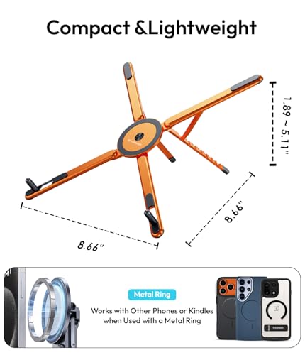 Image of KAPAVER HaloStand 5in1 Portable Magnetic Aluminum Alloy Stand, 360 Adjustable Laptop, Tablet, Phone Holder with 8-Level Height Adjustment & Foldable Design (Cosmic Orange)