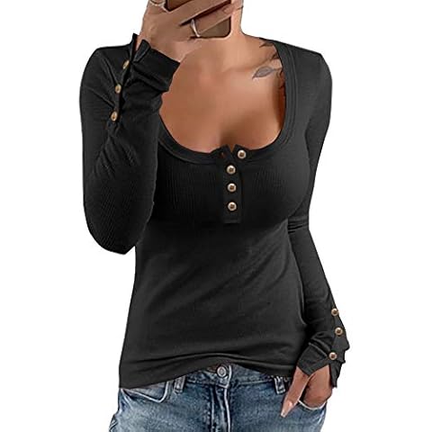 Aleumdr Black Women's Long Sleeve Crew Neck Tunic Tops Front Button Up Shirt Blouse Slim Fit Basic T-Shirts UK Size 12 14 Cover