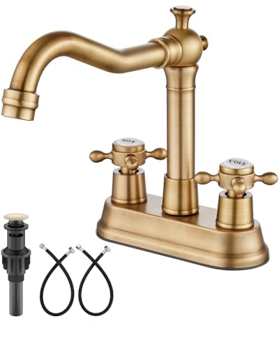Aolemi 4 Inch Centerset Bathroom Sink Faucet Vintage 2 Cross Handle RV Mixer Tap Basin Vanity Lavatory Utility for Sink 3 Hole Include Hoses Pop Up Drain Faucet Handle with Label Antique Brass