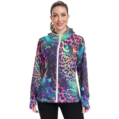 UMIRIKO Colorful Leopard Print Pattern Women's UPF 50+ Sun Protection Jacket Hoodie Rash Guard Shirt with Pockets M 202a3489