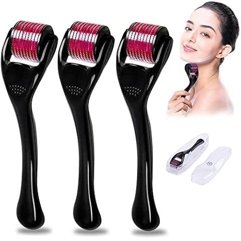 3Pack Derma Roller 540 Titanium Needle Beauty Massage Tools for Beard Growth & Hair Regrowth,Skin Rejuvenation, Wrinkles, Stretch Marks, Acne, Scar Removal,0.75mm Cover