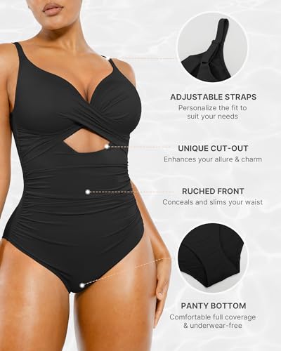 SHAPELLX Tummy Control Swimsuits Women V Neck One Piece Bathing Suit Ruched Push Up Slimming Swimwear Built-in Bra3