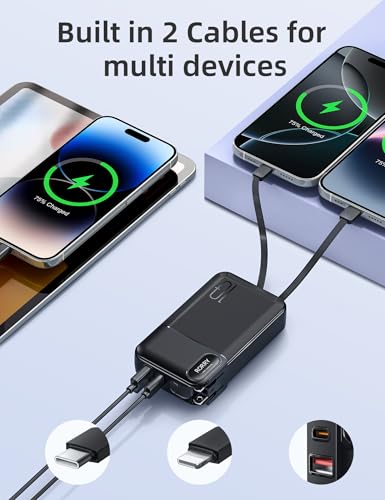 Image of RORRY Portable Charger w /Wall Plug 10000mAh Power Bank 22.5W Battery Pack | Built in Cables, Fast Charging, for iPhone, iPad, Samsung Galaxy, Pixel, LG, Travel Essential, Digital Display, Pocket Size