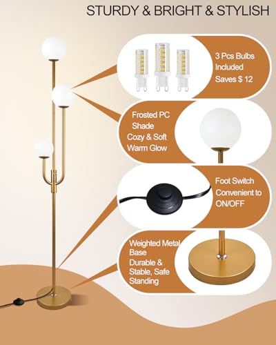 Image of Lightdot 66IN Gold Globe Floor Lamp 3-Lights Vintage Gold Dimmble Floor Lamps with Bulbs Included for Wedding Party Modern Tall Standing Lamp with 5Lbs Heavy Base for Living Room /Bedroom /Sofa Beside