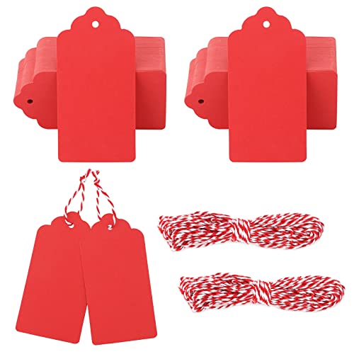 G2PLUS Kraft Paper Gift Tags - 100PCS Large Plain Gift Tags -5x10CM Red Blank Labels with String for Presents 300g/m
