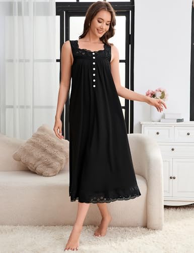 YesFashion Women's Nightgown Summer Sleeveless Victorian Lace Button Sleepwear Soft Lightweight Ruffle Hem Lounge Dress — view 2