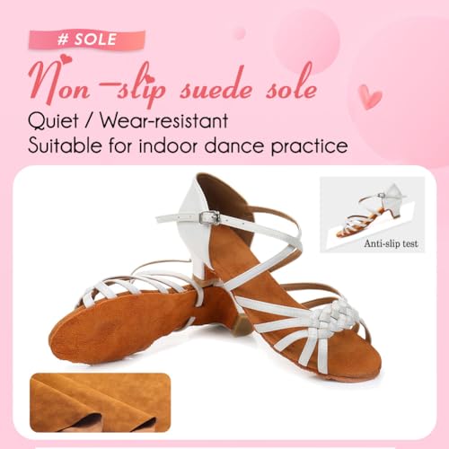 YKXLM Girls Latin Dance Shoes Kids Low Heels Tango Salsa Ballroom Practice Dance Shoes, 1208,White, 4.5 M Little Kid4