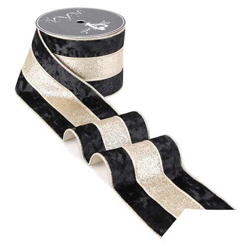 MAYREEL Black Crushed Velvet Wired Ribbon 4 Inch Extra Wide Christmas Ribbon with Champagne Gold Glitter Stripe, 10-Yard Roll for Christmas Tree, Wreaths, Bows & Elegant Holiday Décor by MAYREEL - Used condition - US$6.37