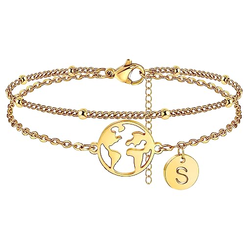 Initial Bracelets for Women, Dainty Gold Bracelets with Map Charm Adjustable Layered Initial Bracelet with Map for Travel Lover/Friend/Daughter/Sister Valentine Gifts for Her/Women