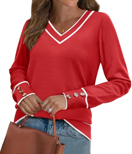 Image of WIHOLL Lightweight Sweaters for Women Long Sleeve V Neck Knit Outfits with Decorative Buttons