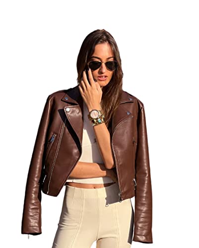 tex leaves Chaqueta Biker para Mujer (M, Chocolate)