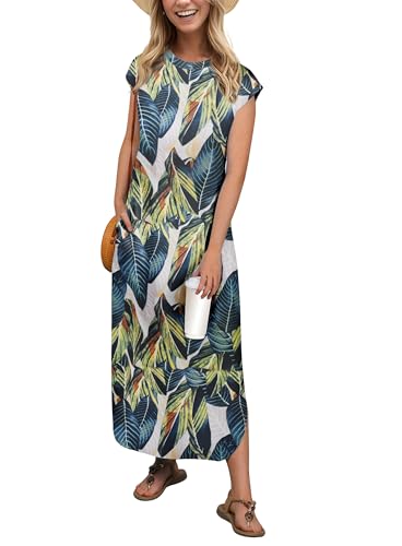 Image of HiMONE Beach Vacation Dresses for Women 2025 Sundress Cap Sleeves Casual Maxi Beach Dress with Pockets XS-2XL
