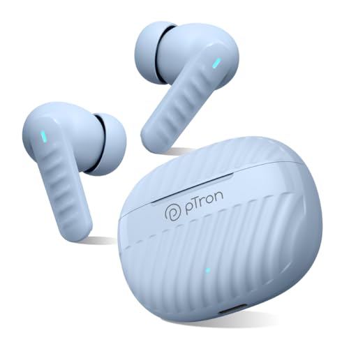 Image of pTron Bassbuds Bliss TWS Ear Buds w / 4 QuadPro Mics, 3D Audioscape, AI-ENC Calls, 40H Playtime, 50Ms Low-Latency Game /Music Modes, BTv5.3, Type C Fast Charging & IPX5 Water Resistant (Sky)