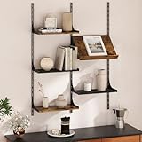 GILLAS Wall Mounted Floating Shelves, 5 Tier Wall Mounted Storage Shelves, Industrial Rustic Bookshelf with Adjustable Metal Brackets, Display Rack for Living Room, Bedroom, Kitchen, Home Office