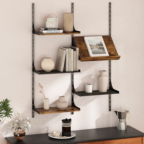GILLAS Wall Mounted Floating Shelves, 5 Tier Wall Mounted Storage Shelves, Industrial Rustic Bookshelf with Adjustable Metal Brackets, Display Rack for Living Room, Bedroom, Kitchen, Home Office GILLAS Wall Mounted Floating Shelves, 5 Tier Wall Mounted Storage Shelves, Industrial Rustic Bookshelf with Adjustable Metal Brackets, Display Rack for Living Room, Bedroom, Kitchen, Home Office