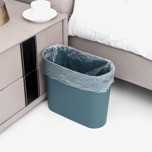 Image of rejomiik Small Trash Can, Slim Garbage Can Plastic Waste Basket with Handles 3.5 Gallon Container Bin for Narrow Spaces Bathroom, Bedroom, Kitchen, Office at Home, 2 Pack Teal Blue