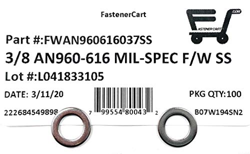 Image of 3 /8 inch AN960-616 Mil-Spec Flat Washers Stainless Steel AN960-616 (3 /8 ID x 5 /8 OD x.062 THK) 100 Pieces