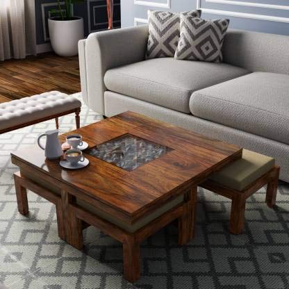 Image of Solid Sheesham Wood Coffee Table with Four Coushion Stool, Center, Teapoy, Sofa Side Table, Furniture for Living, Guest, Holl, Areas