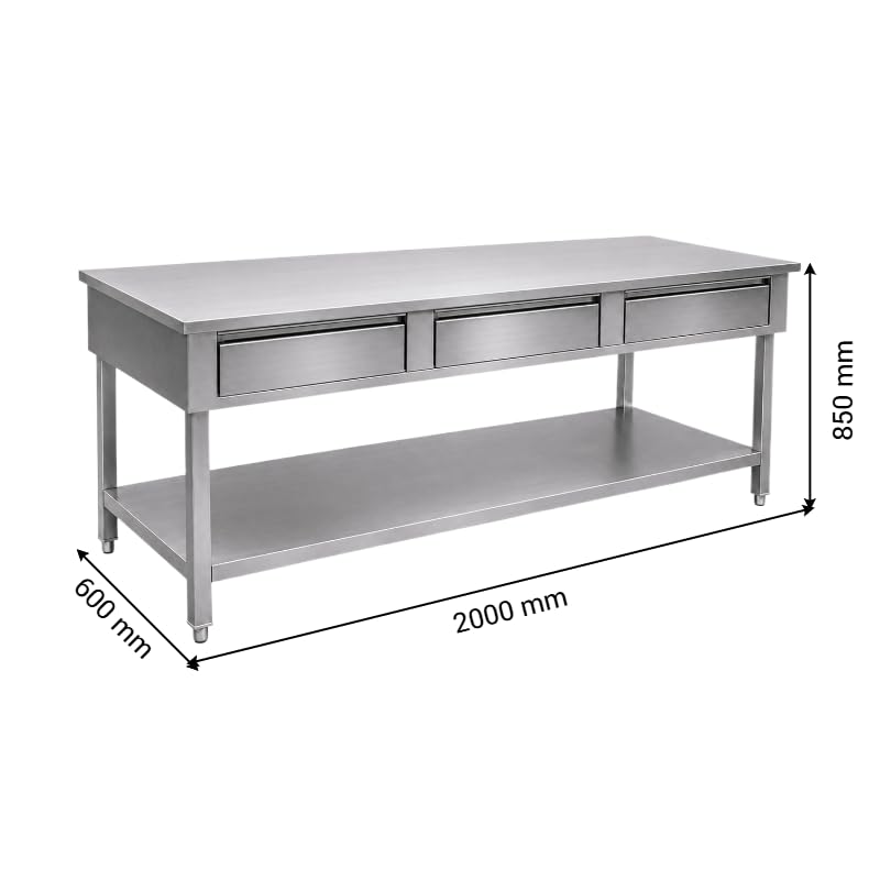 Générique Table de Travail INOX avec 3 Tiroirs et Étagère, 200x60x85 cm