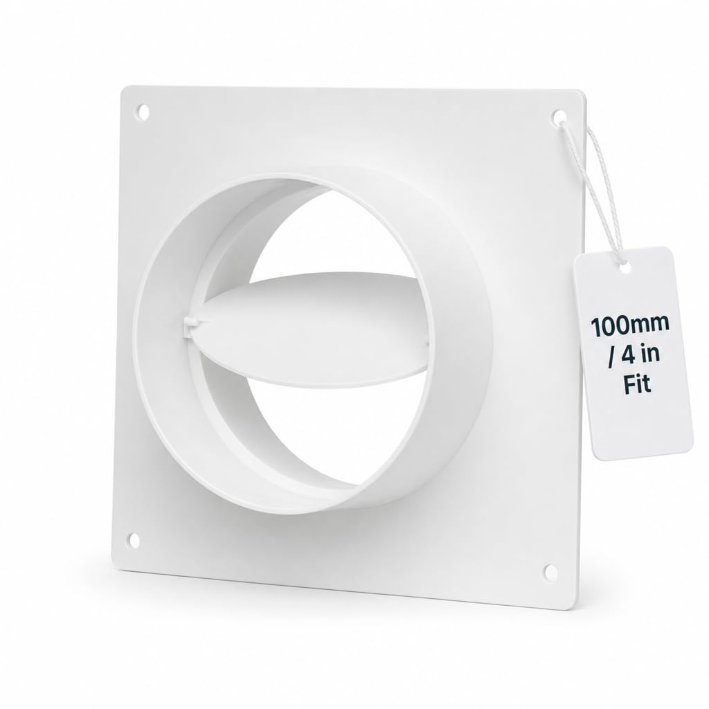 100mm / 4 Inch Duct Connector with Flange and Backdraft Damper - Round PVC Ducting - Ventilation Pipe - Wall Plate