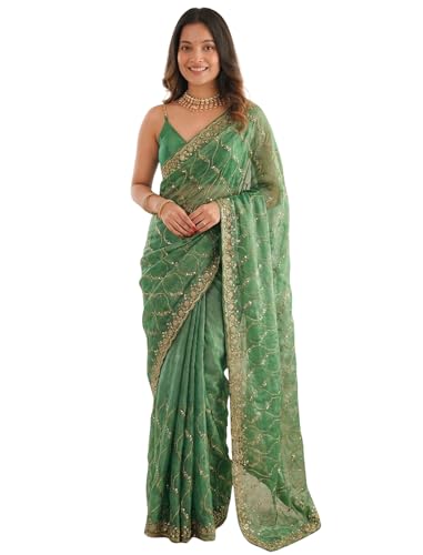 Image of ORHANS Women's Chiffon Saree with Unstitched Blouse Piece Heavy Embroidery Work | Beautiful Saree for Women | Traditional Indian Sari Stylish | Fashionable Saree Modern Design