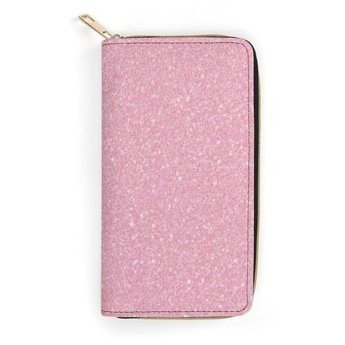 Girl's Long PU Wallet, Travel Purse Fashion Design, Huge Storage Capacity Purse, Cute Decor Zipper Wallet Pink Glitter Texture