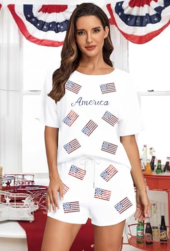 Image of VILOVE 4th of July 2 Piece Sequin Outfits Women Star Stripe Shirts and Short Sets Casual Patriotic Shirt Summer Set