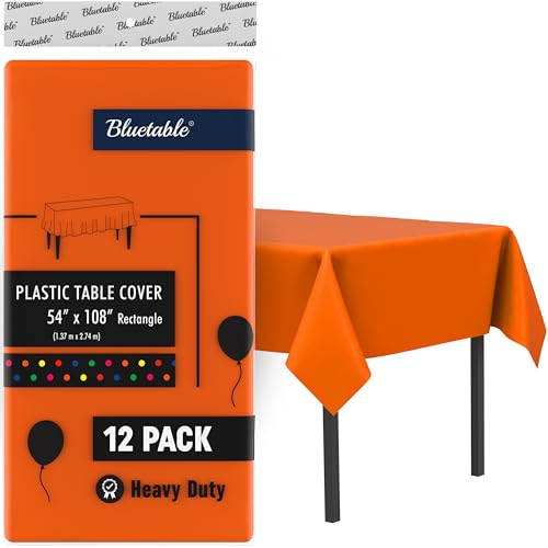 Bluetable Plastic Tablecloth Disposable Orange Rectangle (12 Pack) Bulk - Ultra Heavy Duty Table Cloth (54” x 108”) 6 Foot or 8 Foot Tables, Premium Orange Party Table Cloths Birthdays [12 Pack]