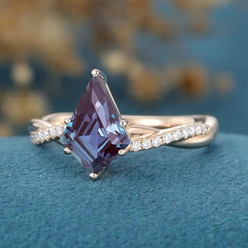 Kite Cut Alexandrite Rings for Women 10K 14K 18K Gold 6×9MM Lab Created Color Change Alexandrite Promise Engagement Wedding Anniversary Ring for Her Size 4-152