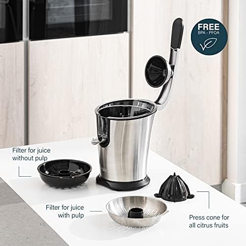 Princess Stainless Steel Citrus Juicer Master Juicer - Professional Lever Arm, 160 Watt Motor, Universal Citrus Attachment, Flow Stop Function, 201851 [Amazon Exclusive]